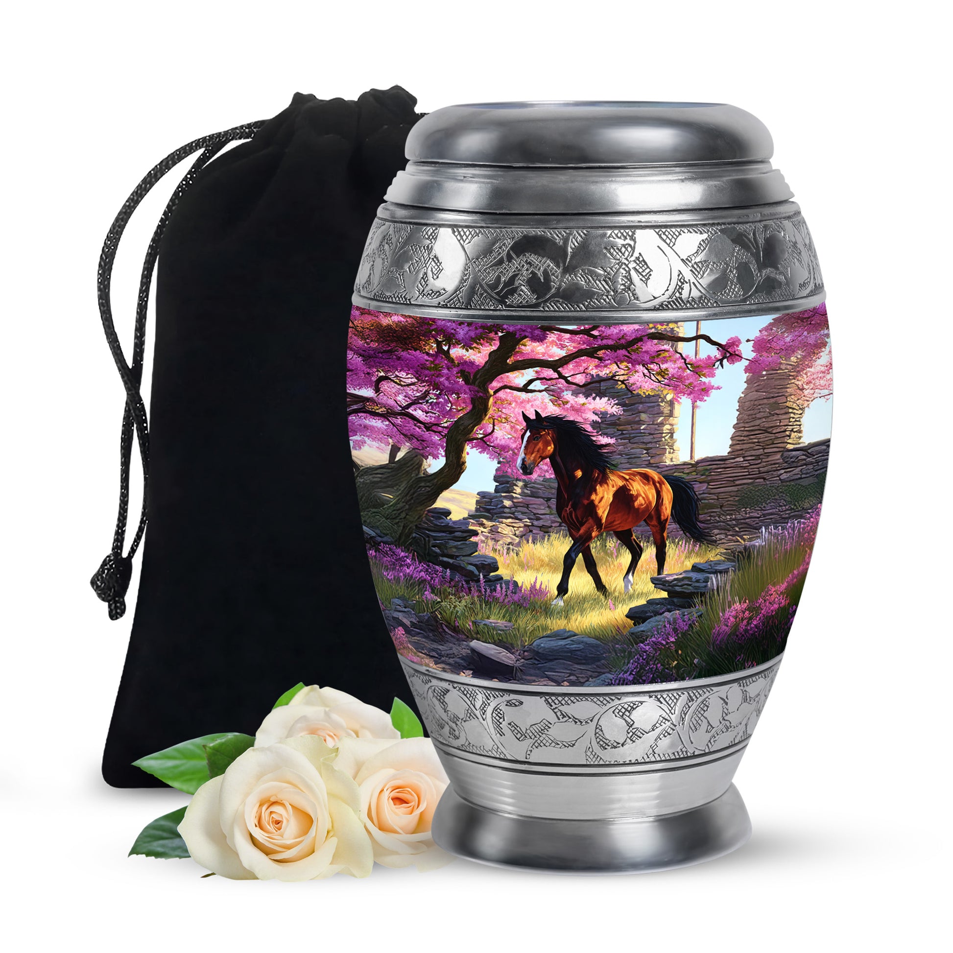 Peony Pink Horse Cremation Urn back view with polished surface - regal horse design with crown-inspired accents - full-size 10 inch 200 cubic inch adult cremation urn