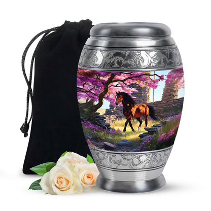 Peony Pink Horse Cremation Urn back view with polished surface - regal horse design with crown-inspired accents - full-size 10 inch 200 cubic inch adult cremation urn