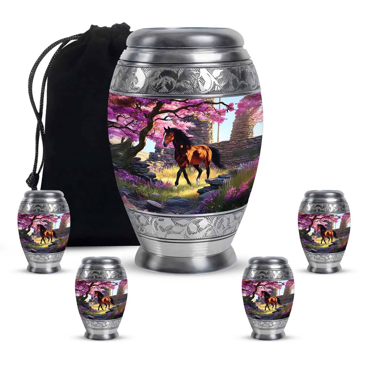 Soft Pink Horse Cremation Urn detail view - royal horse engraving with decorative scrollwork - memorial set with one large and four small urns