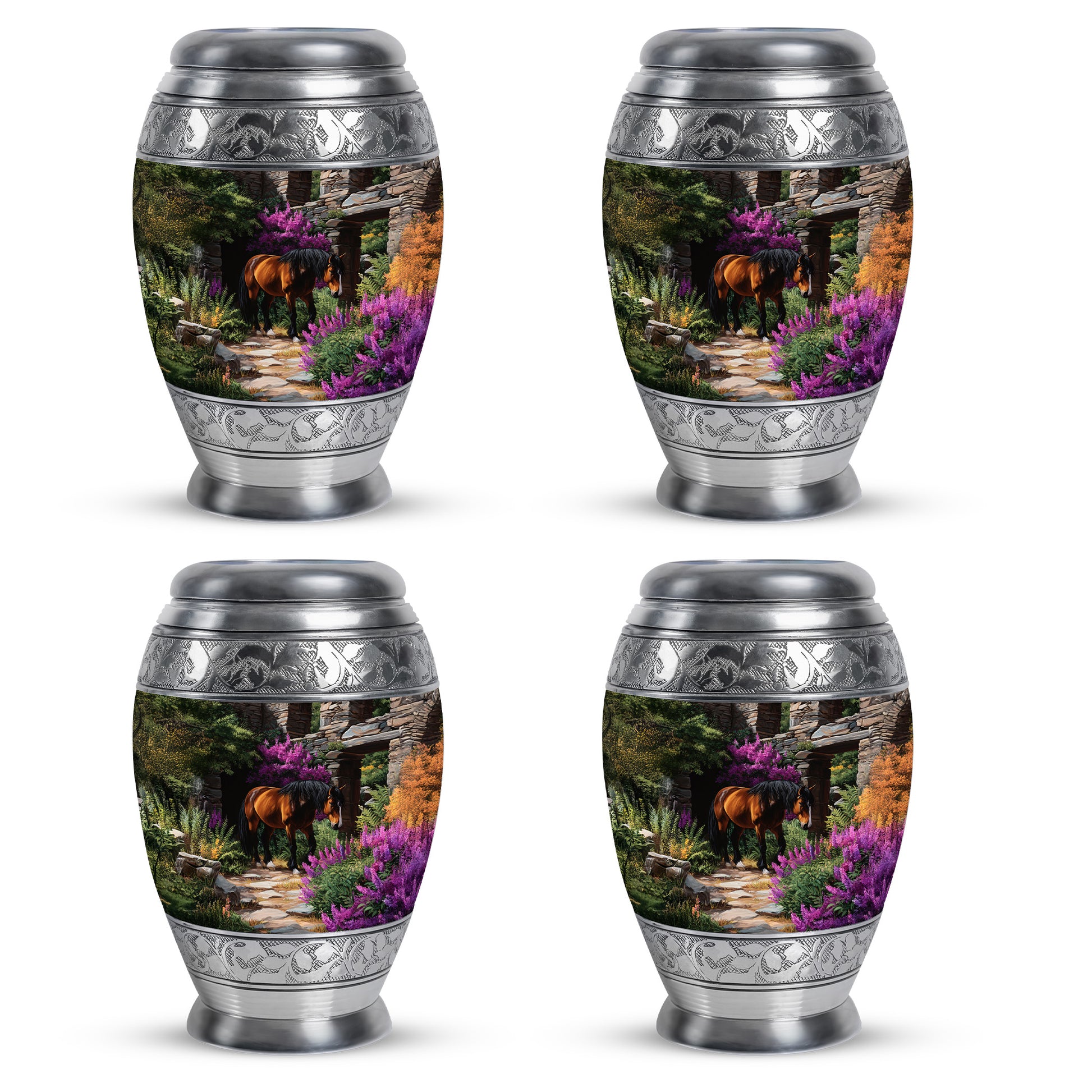 Jet Black Horse Cremation Urn urn with complimentary velvet bag - regal horse design with crown-inspired accents - 10 inch aluminum urn for cremated remains