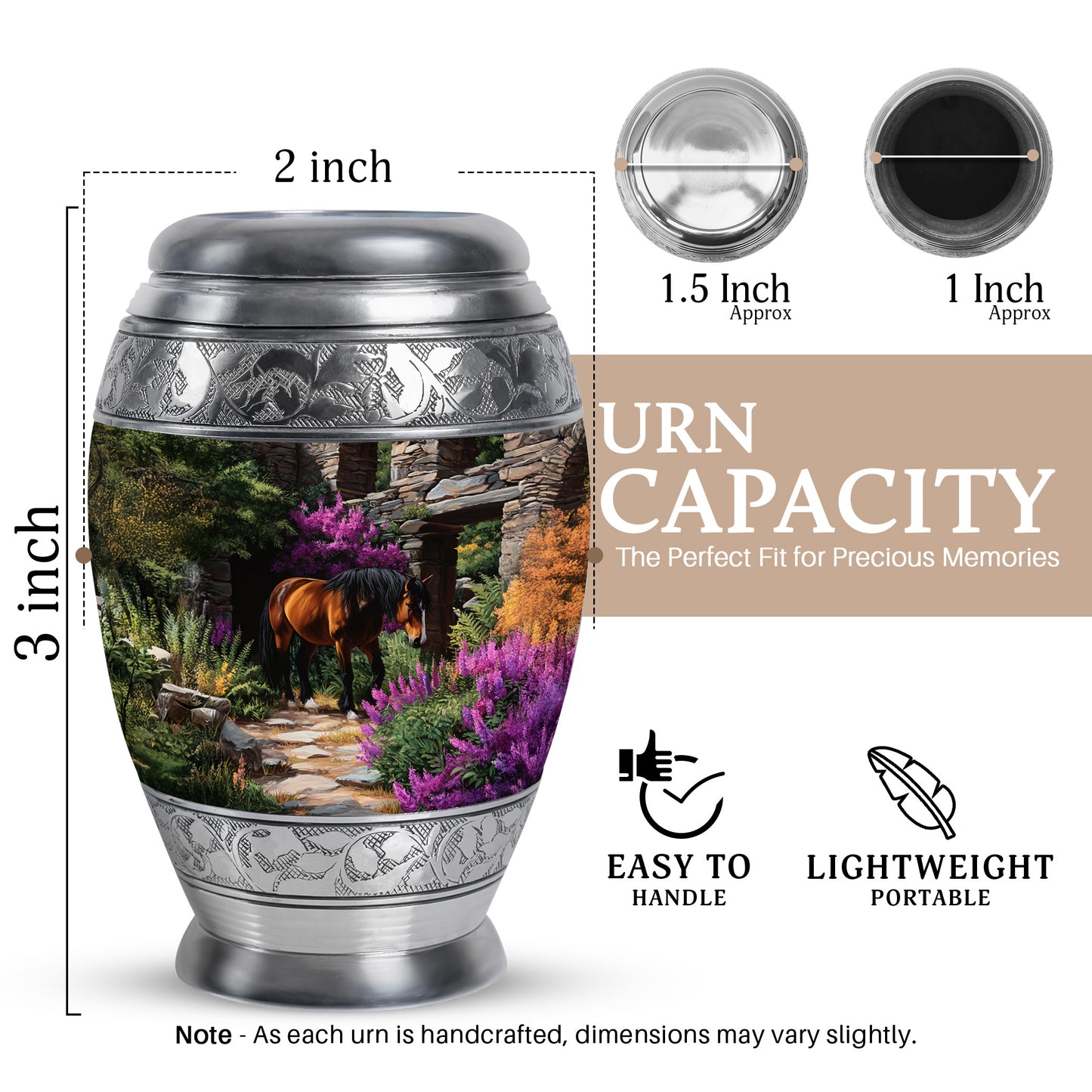 Onyx Black Horse Cremation Urn lifestyle display on memorial shelf - royal horse engraving with decorative scrollwork - mini keepsake memorial for portion of cremation ashes