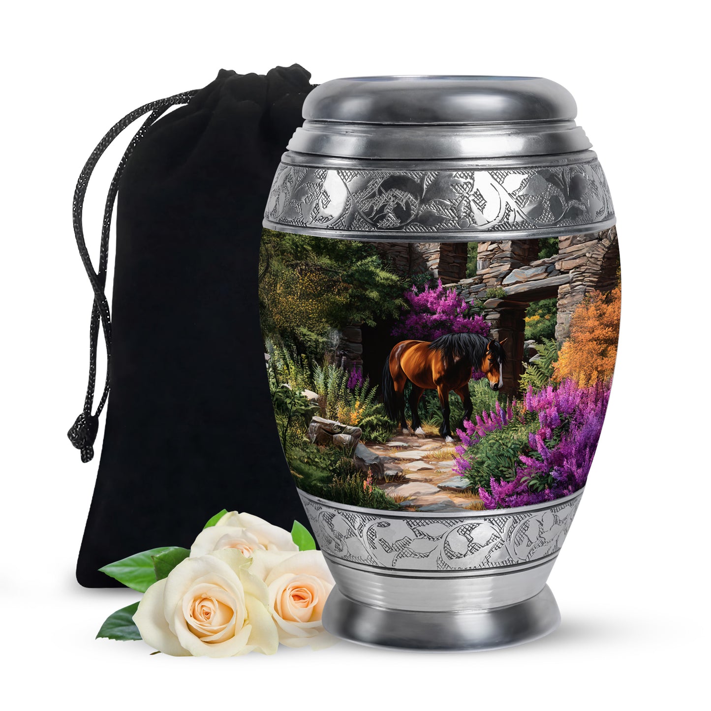 Obsidian Black Horse Cremation Urn back view with polished surface - majestic horse pattern with filigree border - full-size 10 inch 200 cubic inch adult cremation urn