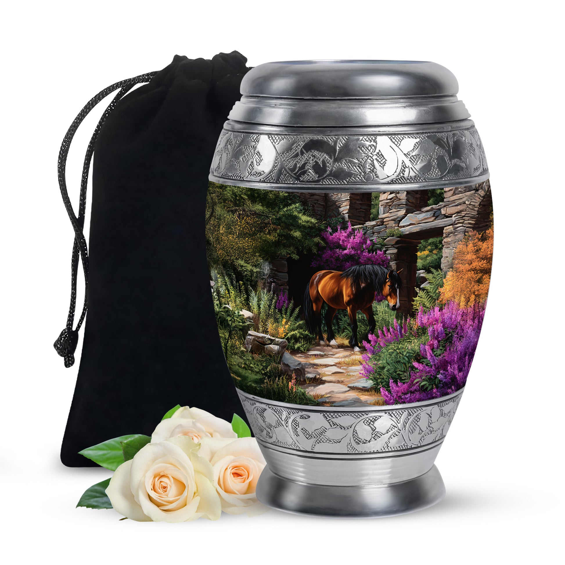 Obsidian Black Horse Cremation Urn back view with polished surface - majestic horse pattern with filigree border - full-size 10 inch 200 cubic inch adult cremation urn