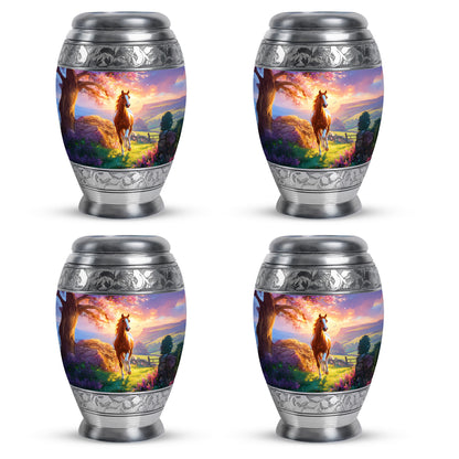 Soft Blue Horse Cremation Urn urn with complimentary velvet bag - majestic horse pattern with filigree border - 10 inch aluminum urn for cremated remains