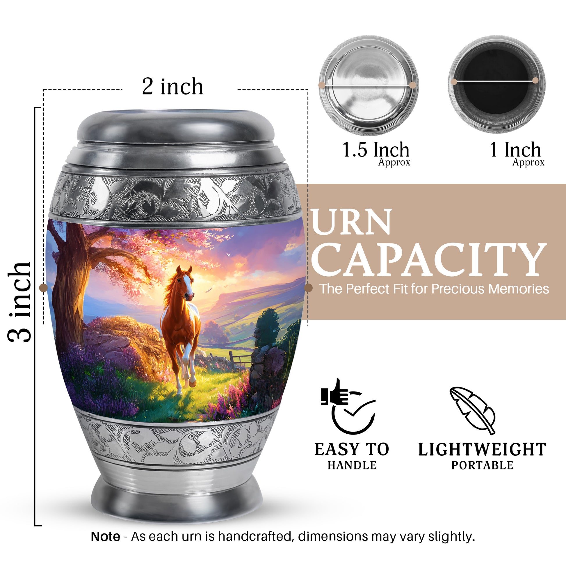 Royal Blue Horse Cremation Urn lifestyle display on memorial shelf - majestic horse pattern with filigree border - mini keepsake memorial for portion of cremation ashes