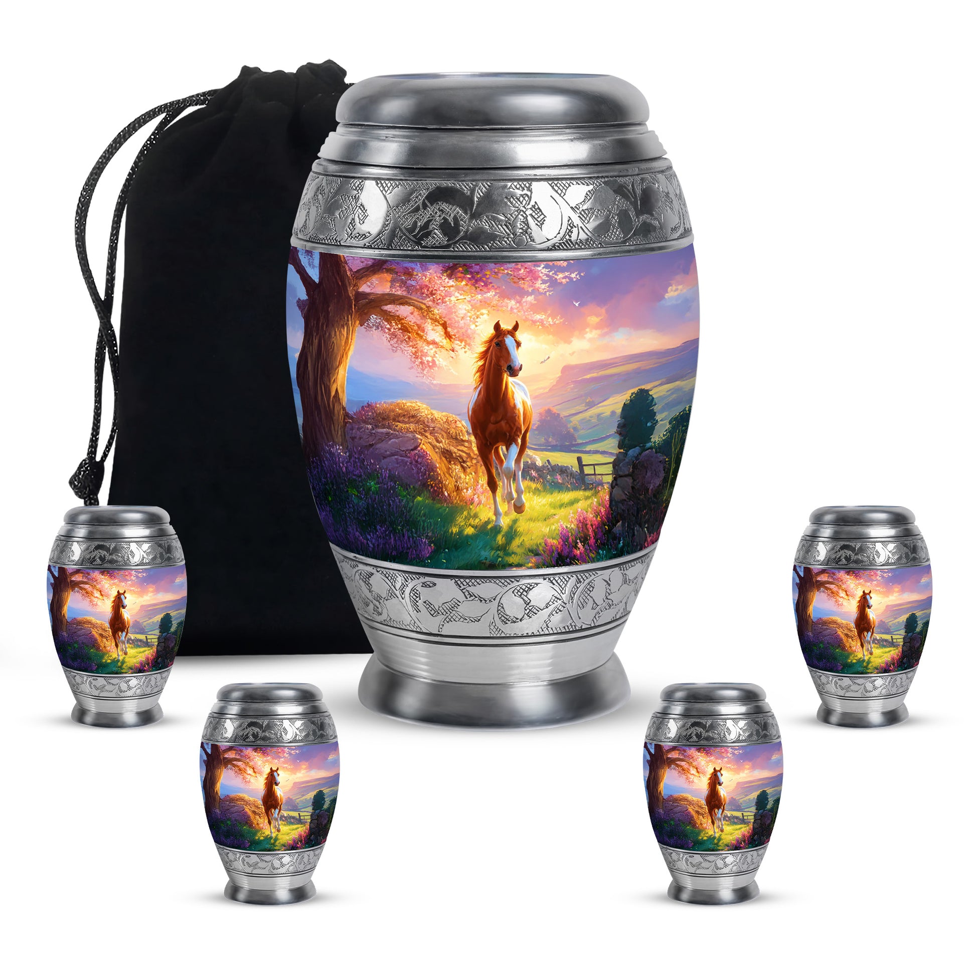 Serene Blue Horse Cremation Urn detail view - royal horse engraving with decorative scrollwork - memorial set with one large and four small urns