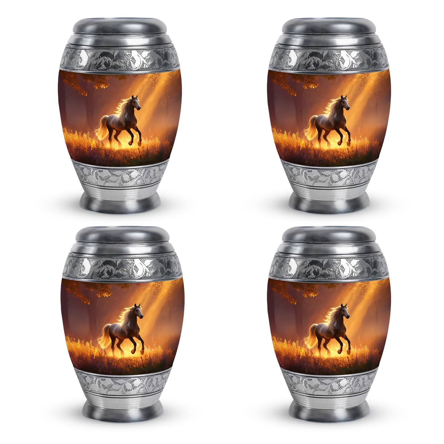 Ruby Red Horse Cremation Urn urn with complimentary velvet bag - majestic horse pattern with filigree border - 10 inch aluminum urn for cremated remains