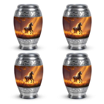 Ruby Red Horse Cremation Urn urn with complimentary velvet bag - majestic horse pattern with filigree border - 10 inch aluminum urn for cremated remains