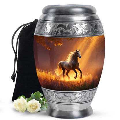 Ruby Red Horse Cremation Urn back view with polished surface - royal horse engraving with decorative scrollwork - full-size 10 inch 200 cubic inch adult cremation urn