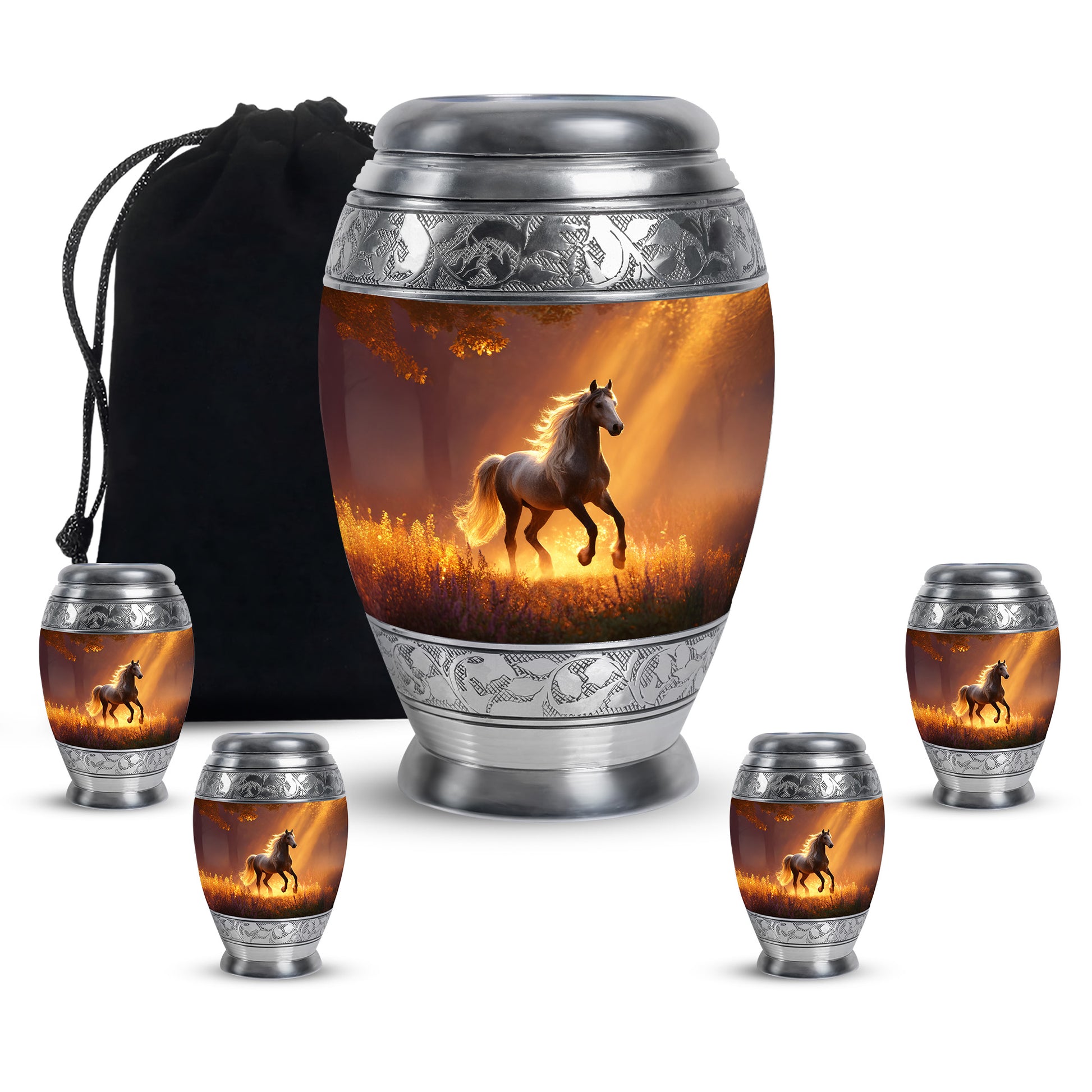 Rich Red Horse Cremation Urn detail view - royal horse engraving with decorative scrollwork - memorial set with one large and four small urns