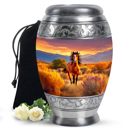 Rich Red Horse Cremation Urn back view with polished surface - royal horse engraving with decorative scrollwork - full-size 10 inch 200 cubic inch adult cremation urn