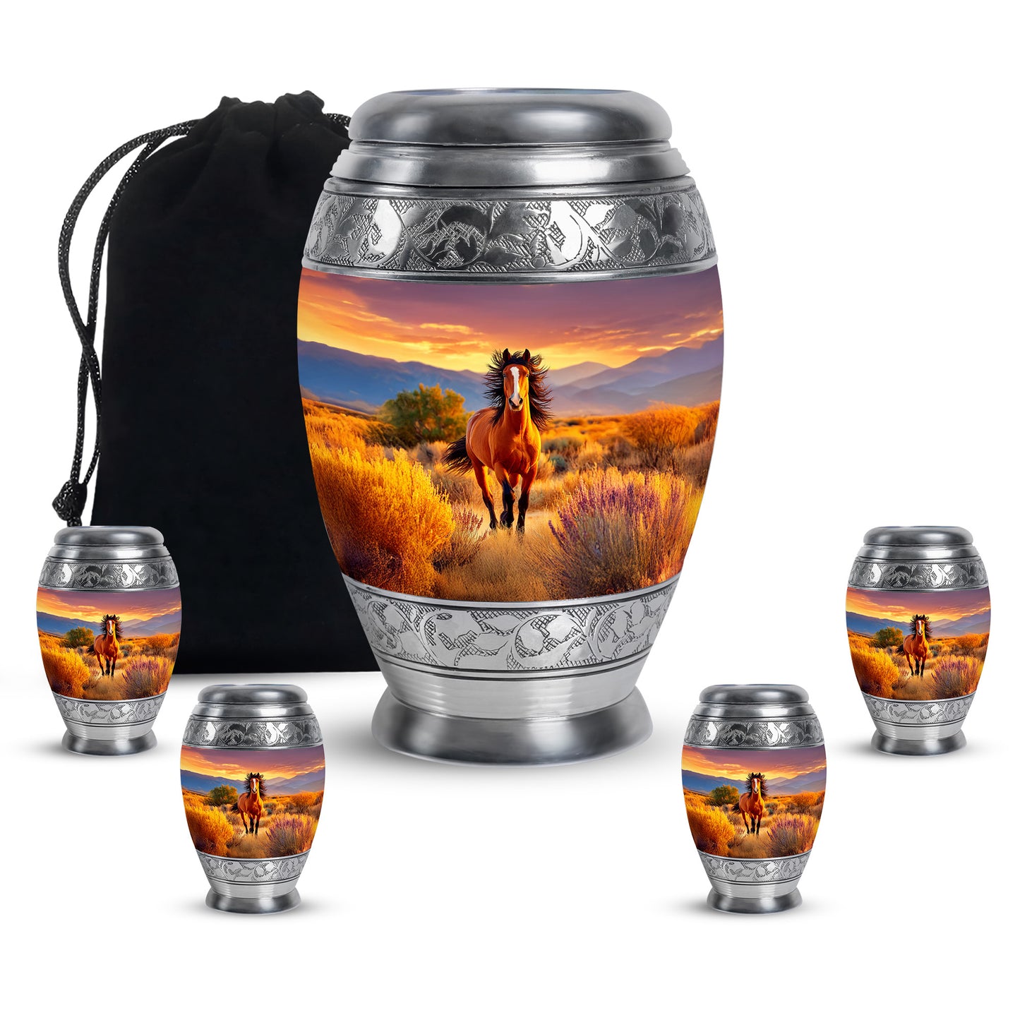 Ruby Red Horse Cremation Urn detail view - royal horse engraving with decorative scrollwork - memorial set with one large and four small urns