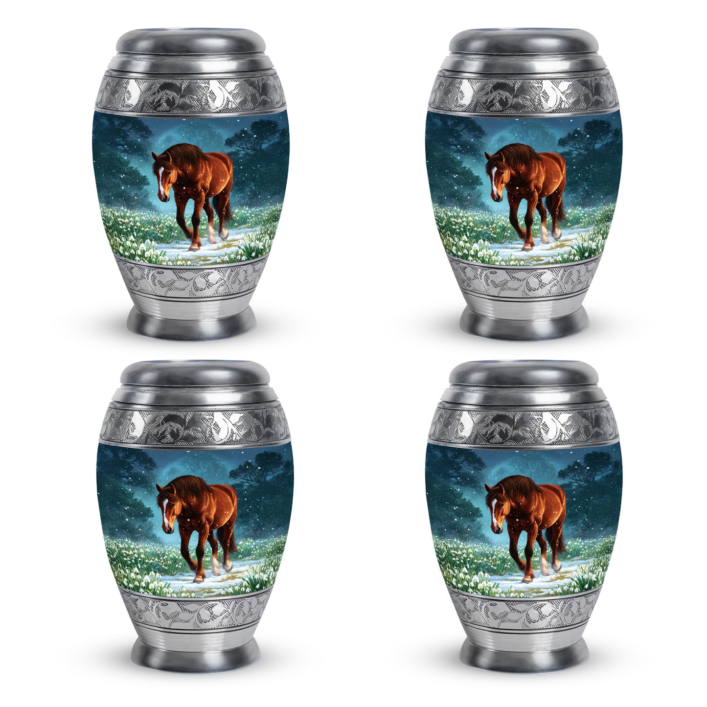 Powder Blue Horse Cremation Urn urn with complimentary velvet bag - regal horse design with crown-inspired accents - 10 inch aluminum urn for cremated remains