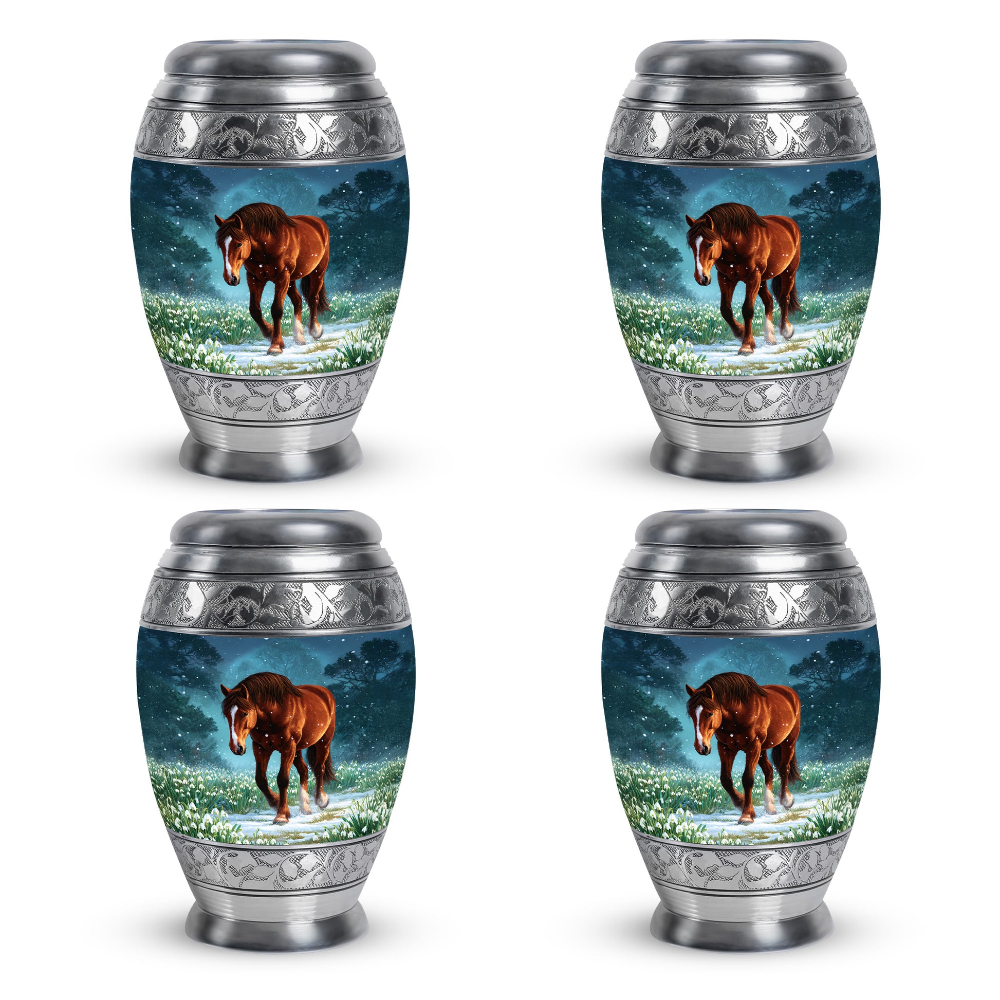 Powder Blue Horse Cremation Urn urn with complimentary velvet bag - regal horse design with crown-inspired accents - 10 inch aluminum urn for cremated remains