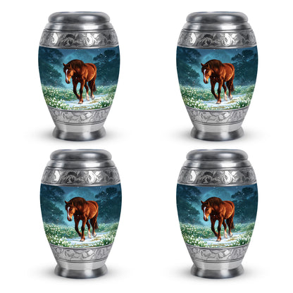 Powder Blue Horse Cremation Urn urn with complimentary velvet bag - regal horse design with crown-inspired accents - 10 inch aluminum urn for cremated remains