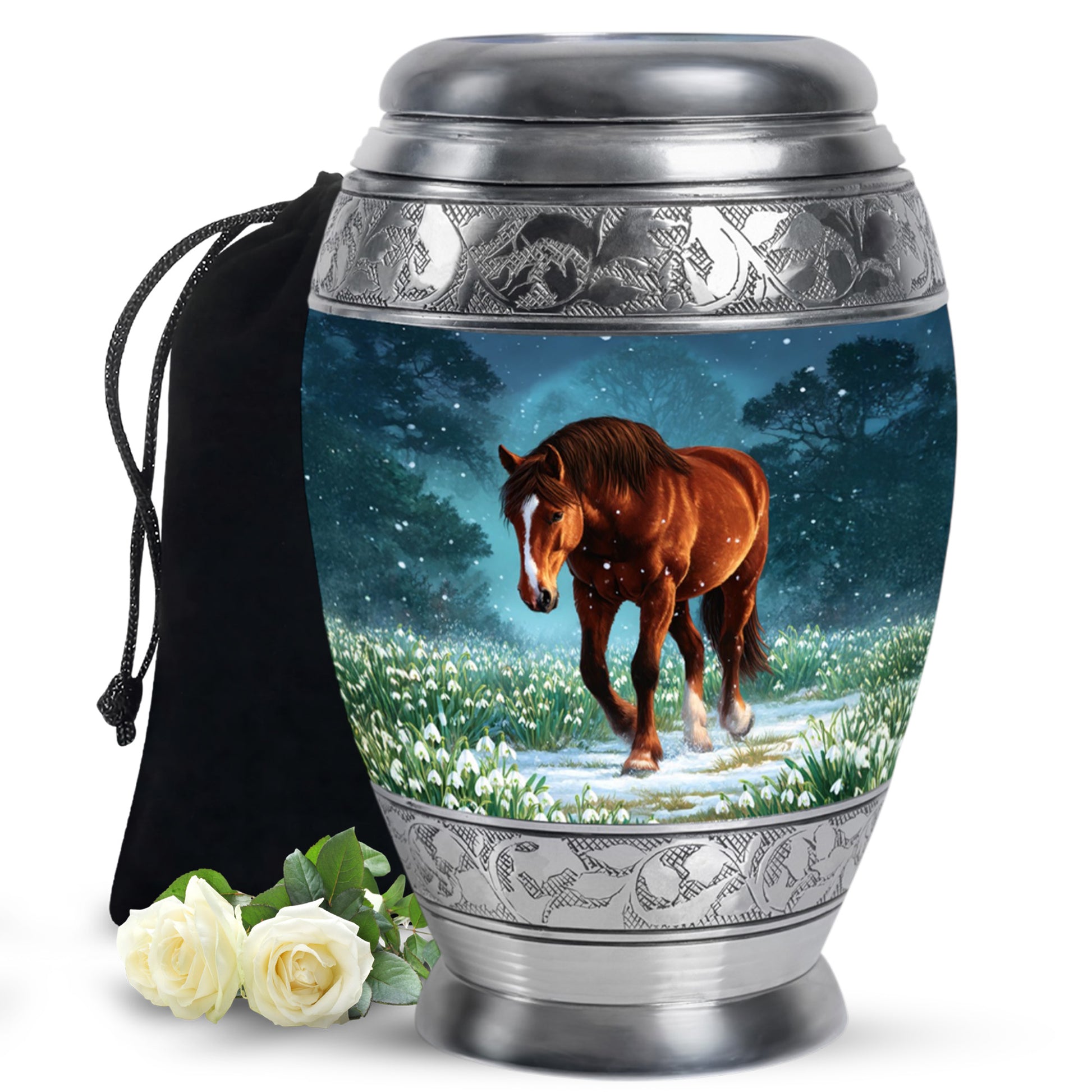 Soft Blue Horse Cremation Urn back view with polished surface - majestic horse pattern with filigree border - full-size 10 inch 200 cubic inch adult cremation urn