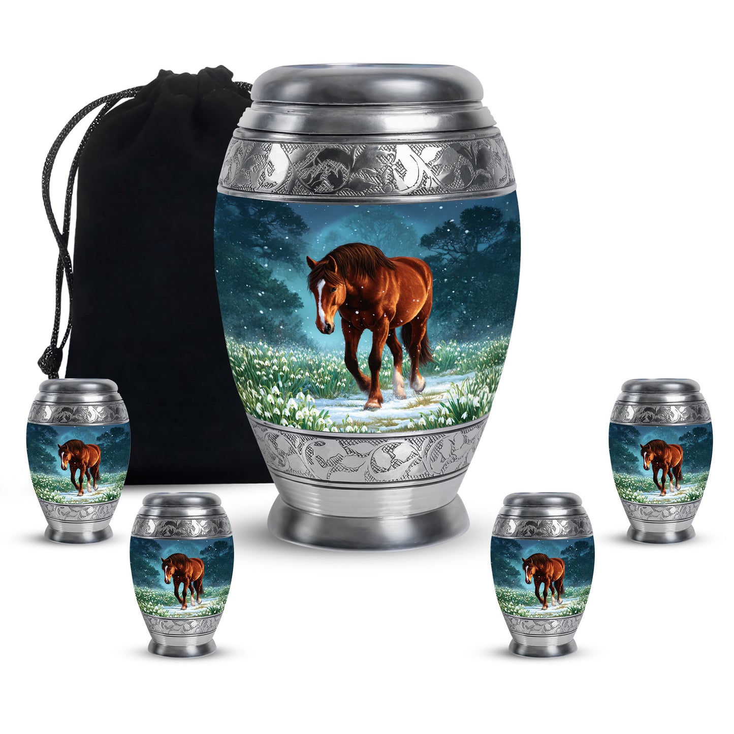 Vivid Blue Horse Cremation Urn detail view - royal horse engraving with decorative scrollwork - memorial set with one large and four small urns