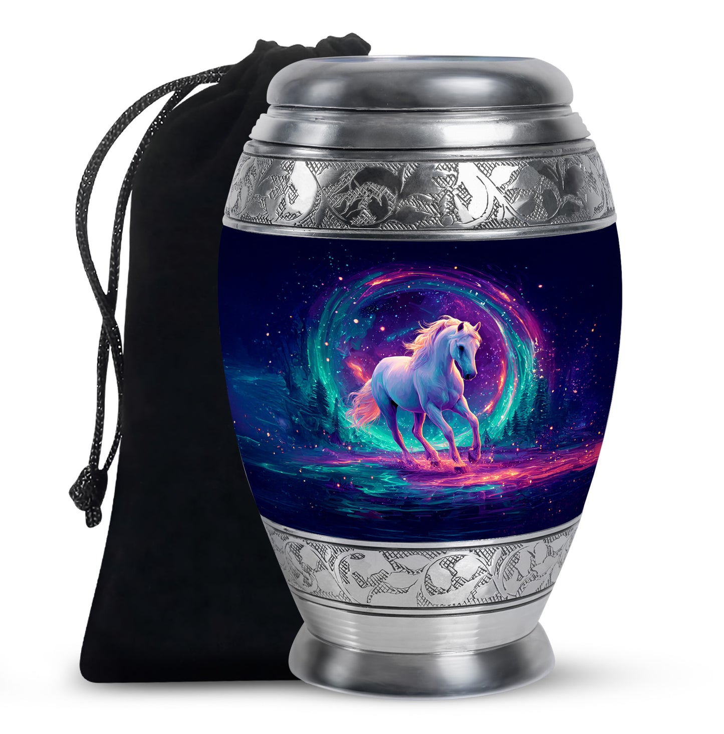 Misty Blue Horse Cremation Urn back view with polished surface - regal horse design with crown-inspired accents - full-size 10 inch 200 cubic inch adult cremation urn
