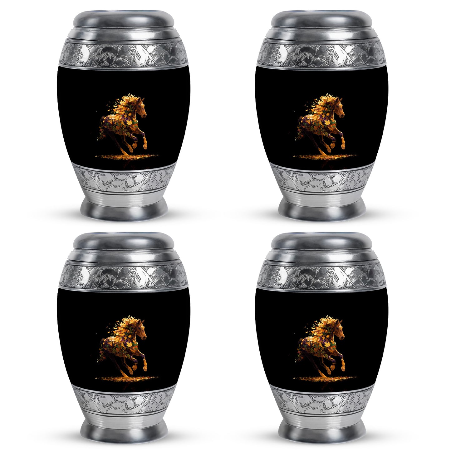 Charcoal Black Horse Cremation Urn urn with complimentary velvet bag - majestic horse pattern with filigree border - 10 inch aluminum urn for cremated remains