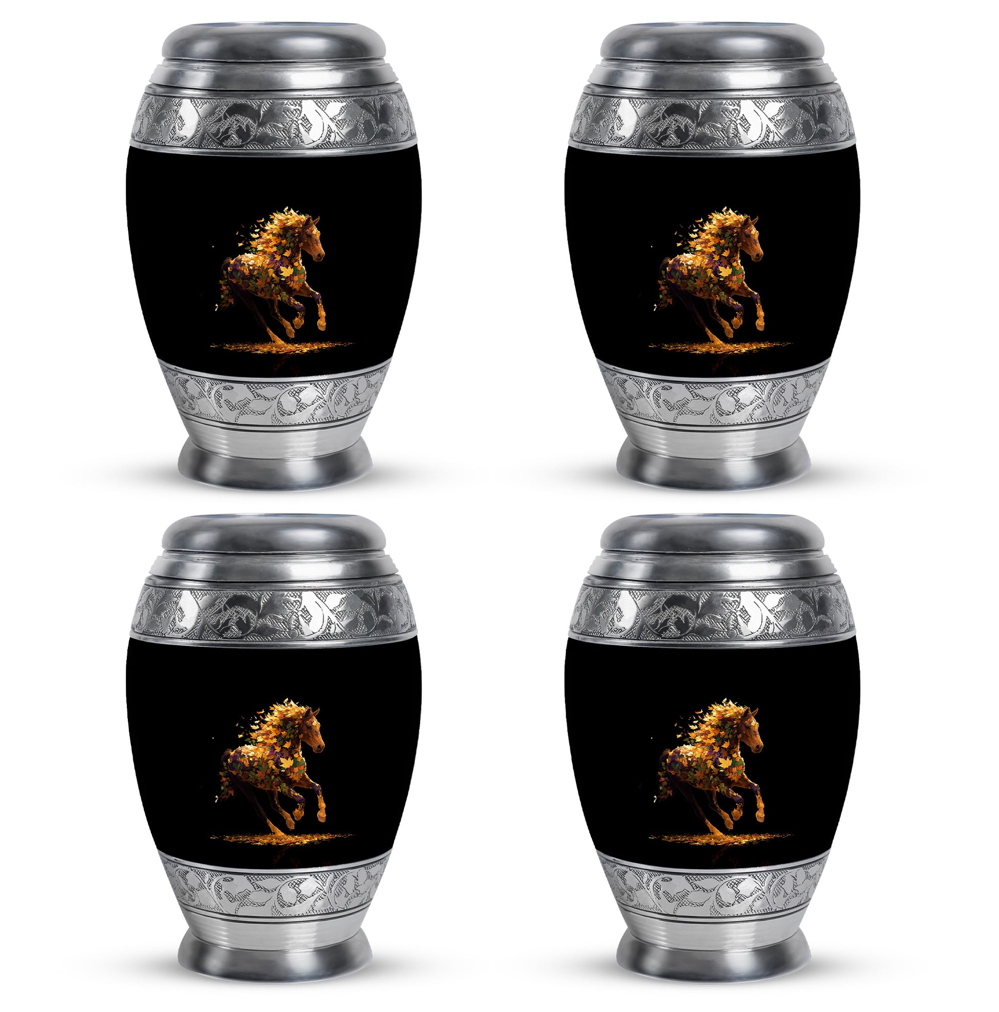 Charcoal Black Horse Cremation Urn urn with complimentary velvet bag - majestic horse pattern with filigree border - 10 inch aluminum urn for cremated remains