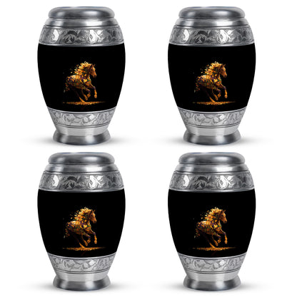 Charcoal Black Horse Cremation Urn urn with complimentary velvet bag - majestic horse pattern with filigree border - 10 inch aluminum urn for cremated remains