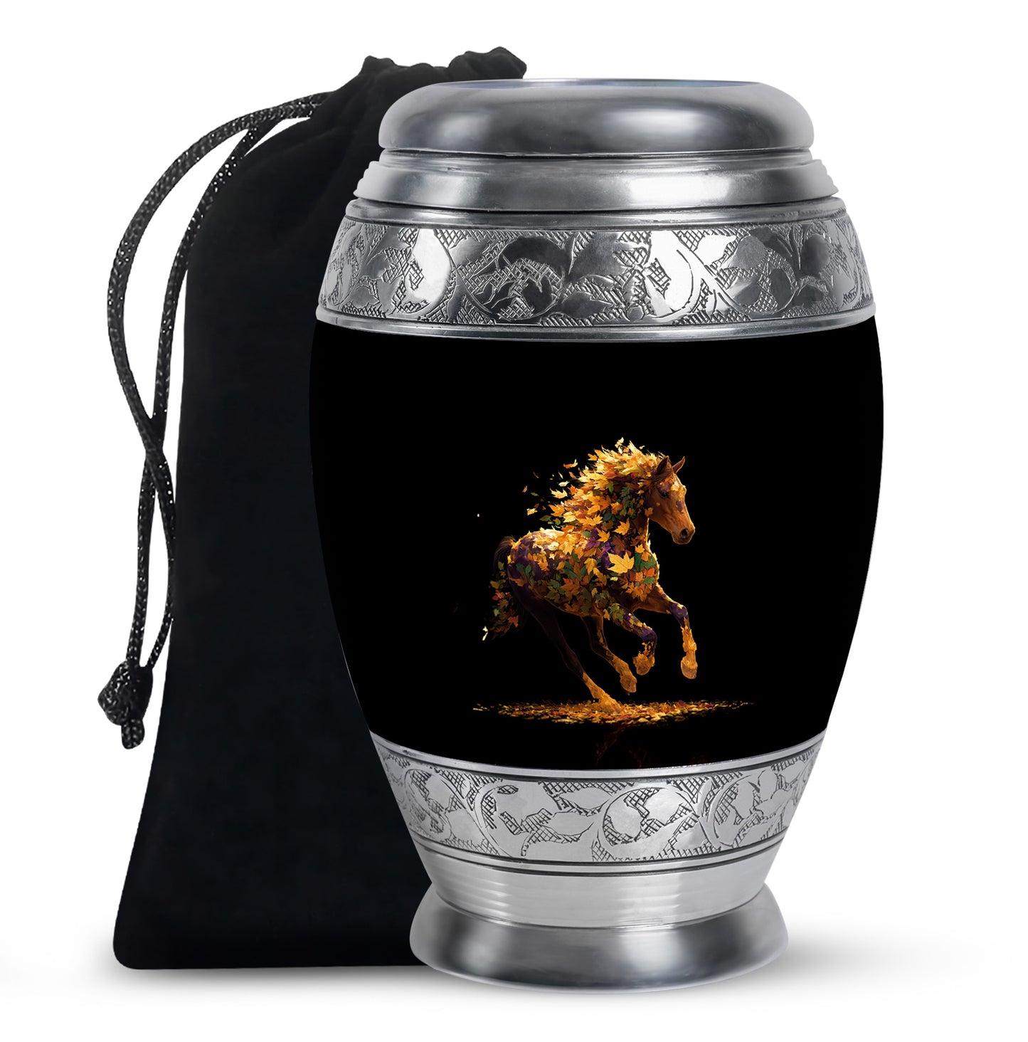 Deep Black Horse Cremation Urn back view with polished surface - ornate monarch-style horse relief on brushed aluminum - full-size 10 inch 200 cubic inch adult cremation urn