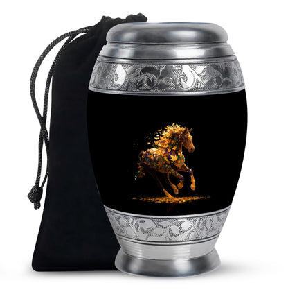 Deep Black Horse Cremation Urn back view with polished surface - ornate monarch-style horse relief on brushed aluminum - full-size 10 inch 200 cubic inch adult cremation urn