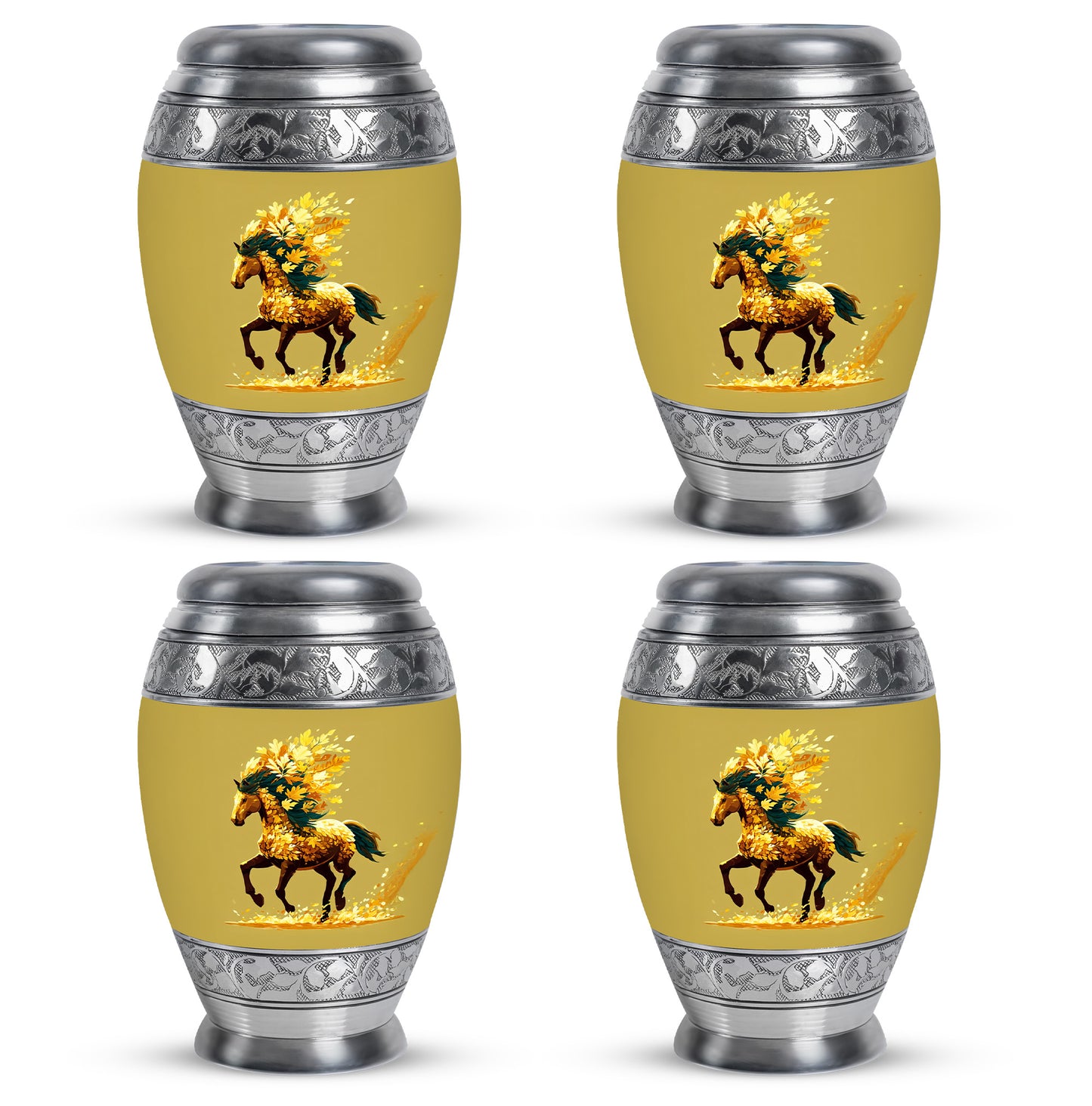 Harvest Gold Horse Cremation Urn urn with complimentary velvet bag - majestic horse pattern with filigree border - 10 inch aluminum urn for cremated remains