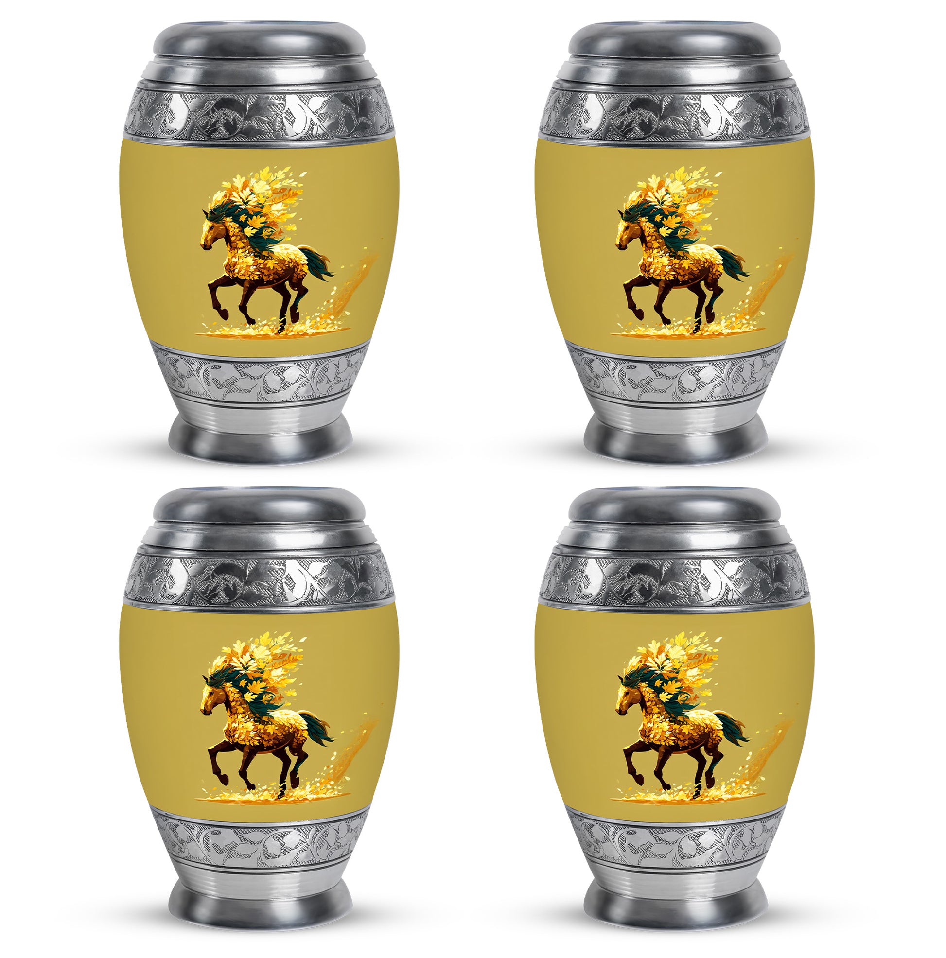 Harvest Gold Horse Cremation Urn urn with complimentary velvet bag - majestic horse pattern with filigree border - 10 inch aluminum urn for cremated remains