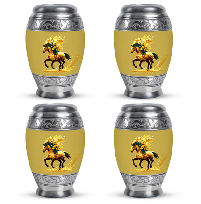 Harvest Gold Horse Cremation Urn urn with complimentary velvet bag - majestic horse pattern with filigree border - 10 inch aluminum urn for cremated remains