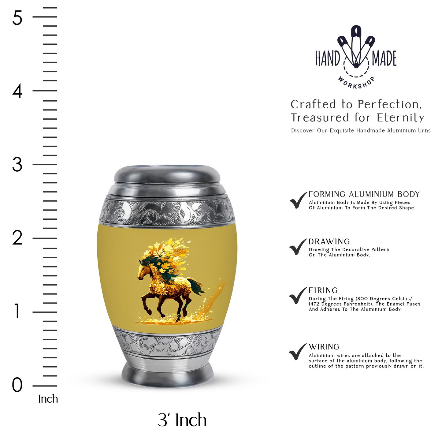 Warm Gold Horse Cremation Urn lifestyle display on memorial shelf - majestic horse pattern with filigree border - mini keepsake memorial for portion of cremation ashes
