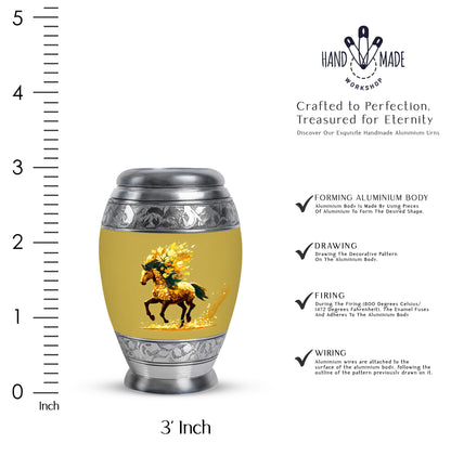 Warm Gold Horse Cremation Urn lifestyle display on memorial shelf - majestic horse pattern with filigree border - mini keepsake memorial for portion of cremation ashes