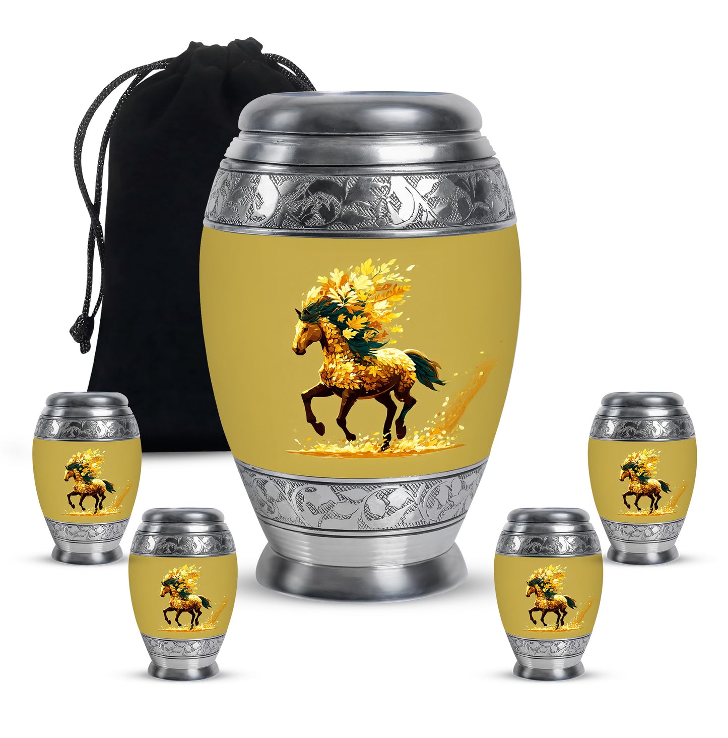 Sunrise Gold Horse Cremation Urn detail view - regal horse design with crown-inspired accents - memorial set with one large and four small urns