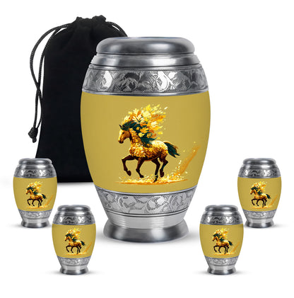 Sunrise Gold Horse Cremation Urn detail view - regal horse design with crown-inspired accents - memorial set with one large and four small urns