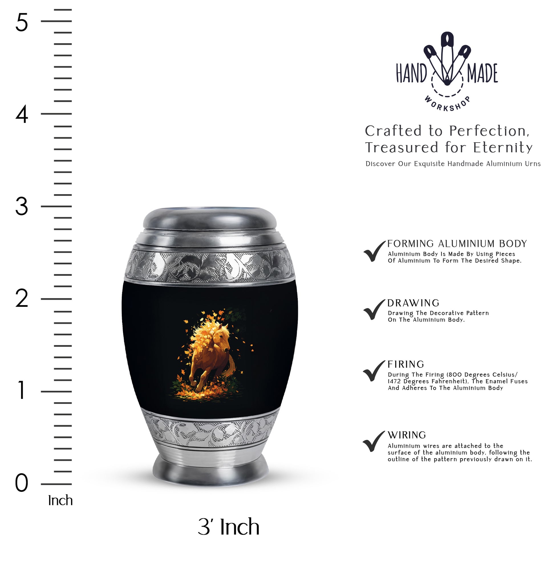 Icy Blue Horse Cremation Urn lifestyle display on memorial shelf - ornate monarch-style horse relief on brushed aluminum - mini keepsake memorial for portion of cremation ashes