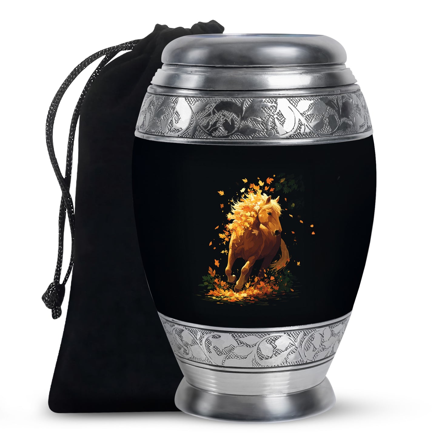 Dusty Blue Horse Cremation Urn back view with polished surface - regal horse design with crown-inspired accents - full-size 10 inch 200 cubic inch adult cremation urn