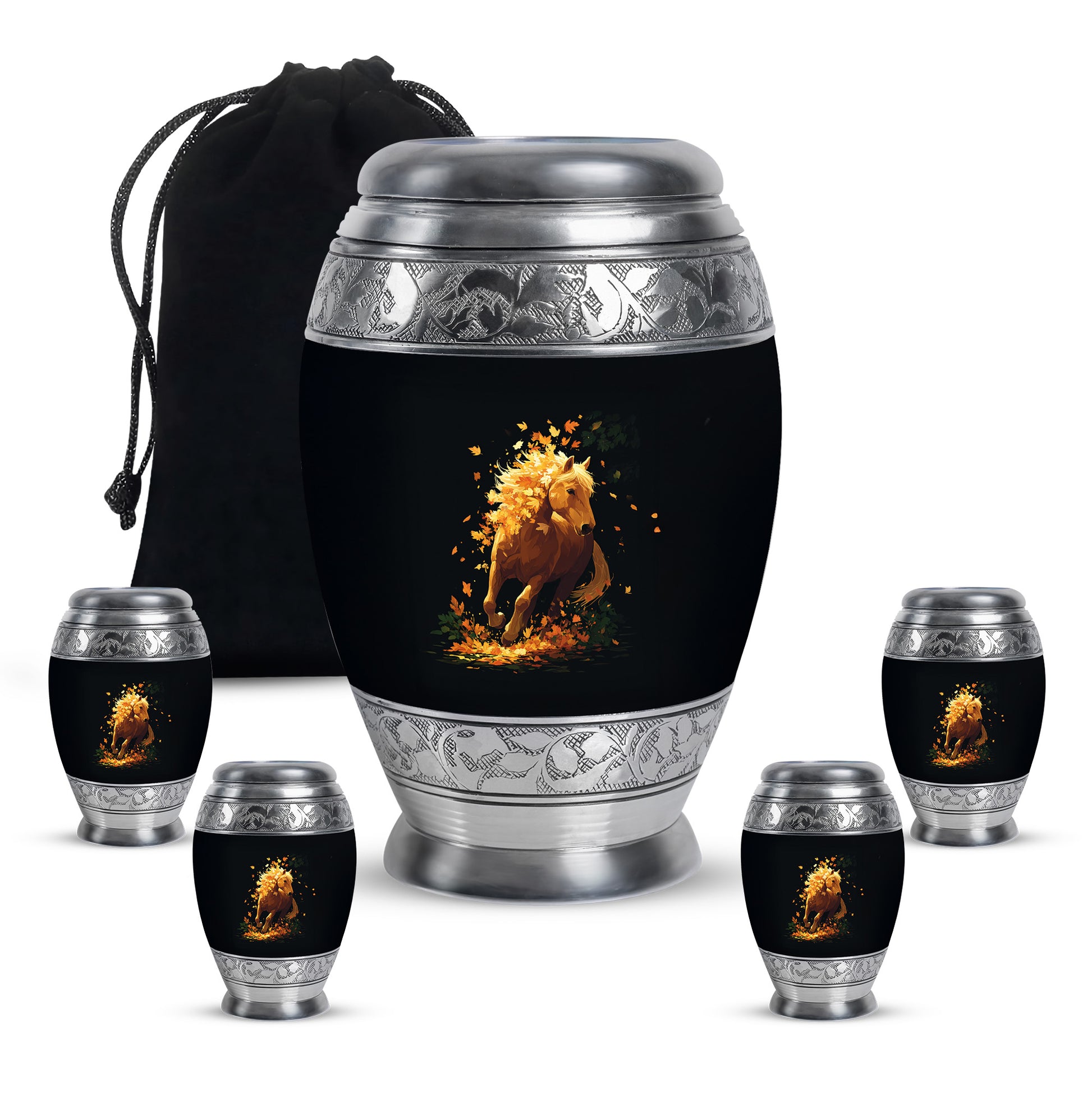 Powder Blue Horse Cremation Urn detail view - regal horse design with crown-inspired accents - memorial set with one large and four small urns