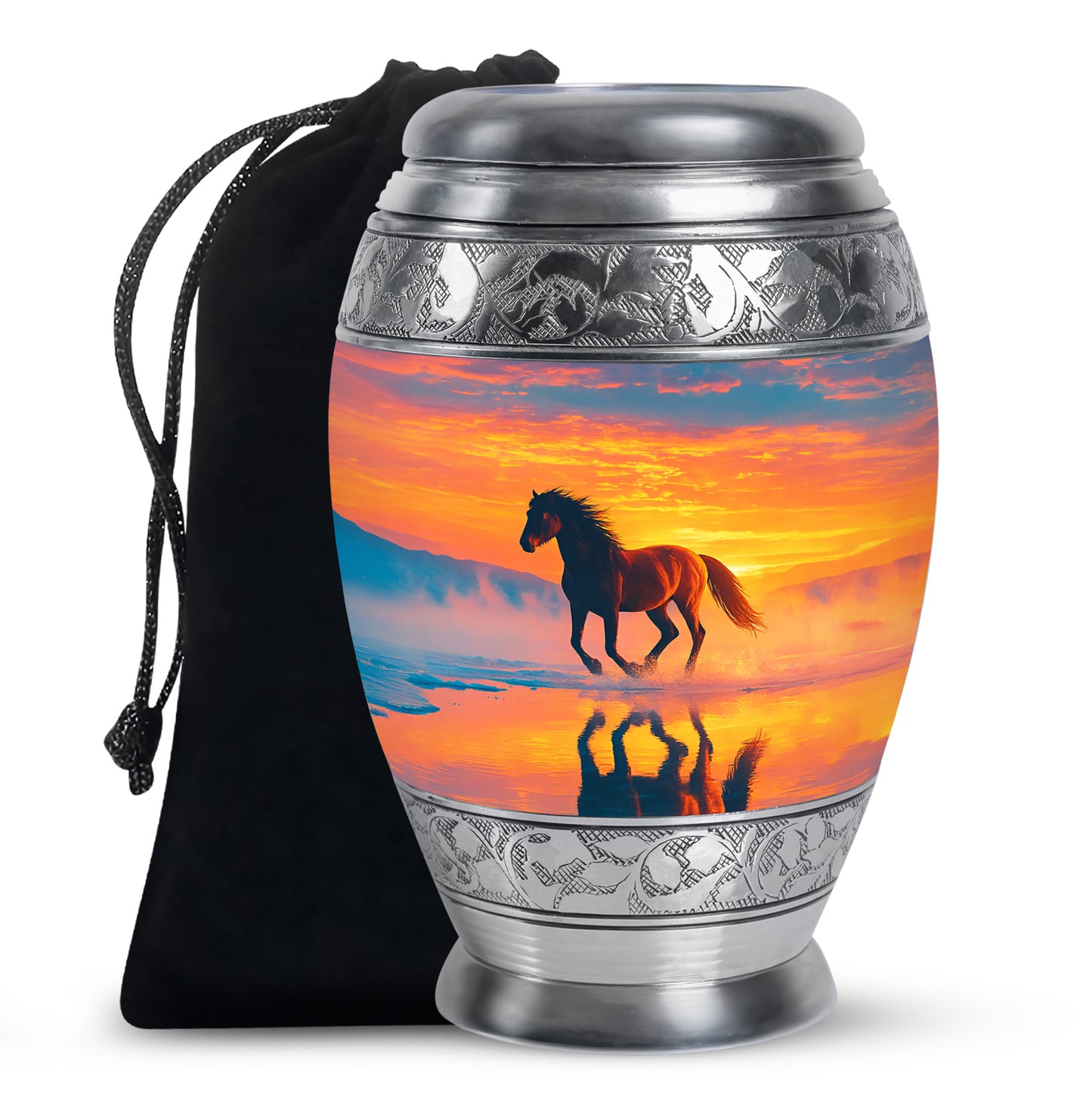 Slate Blue Horse Cremation Urn back view with polished surface - regal horse design with crown-inspired accents - full-size 10 inch 200 cubic inch adult cremation urn