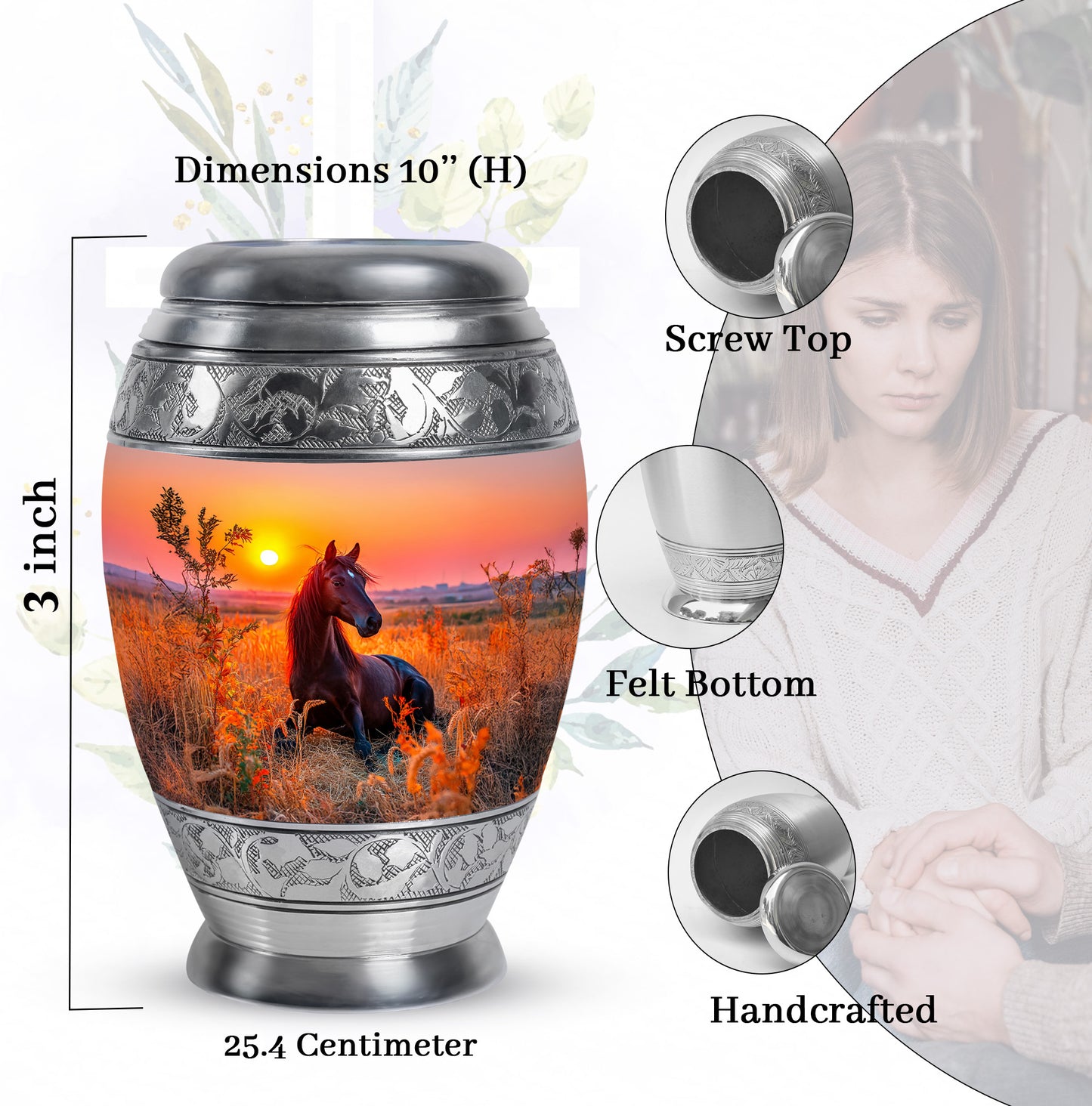 Burgundy Red Horse Cremation Urn lifestyle display on memorial shelf - ornate monarch-style horse relief on brushed aluminum - mini keepsake memorial for portion of cremation ashes