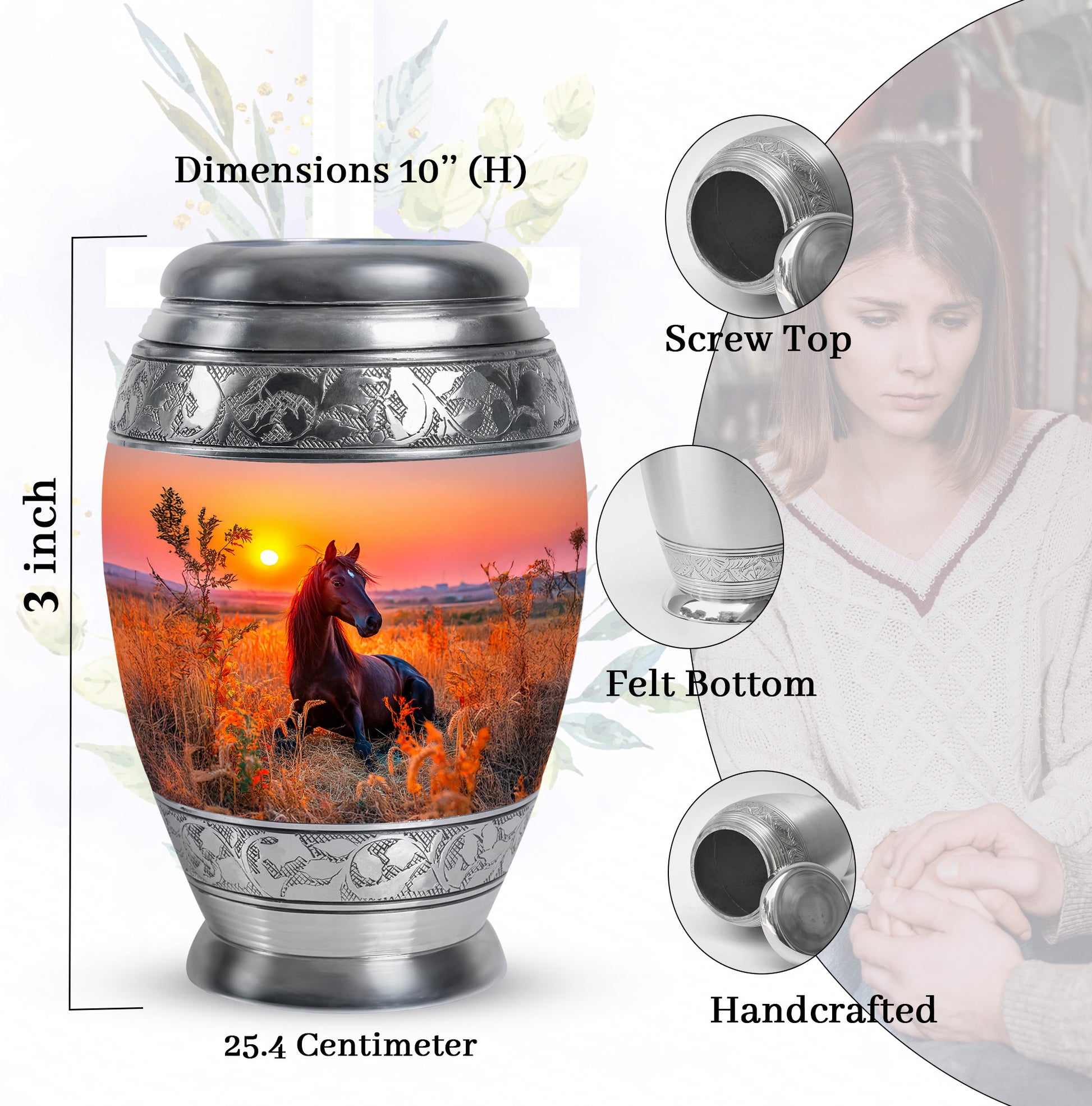 Burgundy Red Horse Cremation Urn lifestyle display on memorial shelf - ornate monarch-style horse relief on brushed aluminum - mini keepsake memorial for portion of cremation ashes