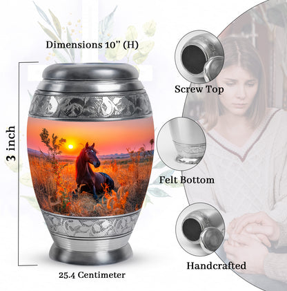 Burgundy Red Horse Cremation Urn lifestyle display on memorial shelf - ornate monarch-style horse relief on brushed aluminum - mini keepsake memorial for portion of cremation ashes
