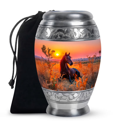 Crimson Red Horse Cremation Urn back view with polished surface - ornate monarch-style horse relief on brushed aluminum - full-size 10 inch 200 cubic inch adult cremation urn