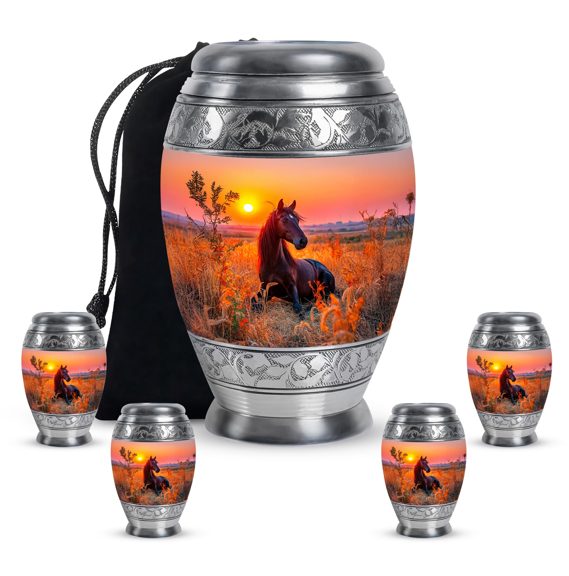 Rich Red Horse Cremation Urn detail view - royal horse engraving with decorative scrollwork - memorial set with one large and four small urns