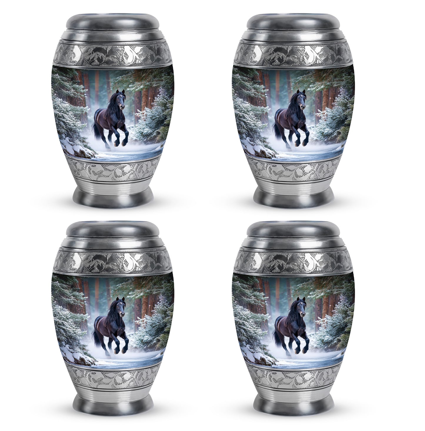 Sky Blue Horse Cremation Urn urn with complimentary velvet bag - ornate monarch-style horse relief on brushed aluminum - 10 inch aluminum urn for cremated remains