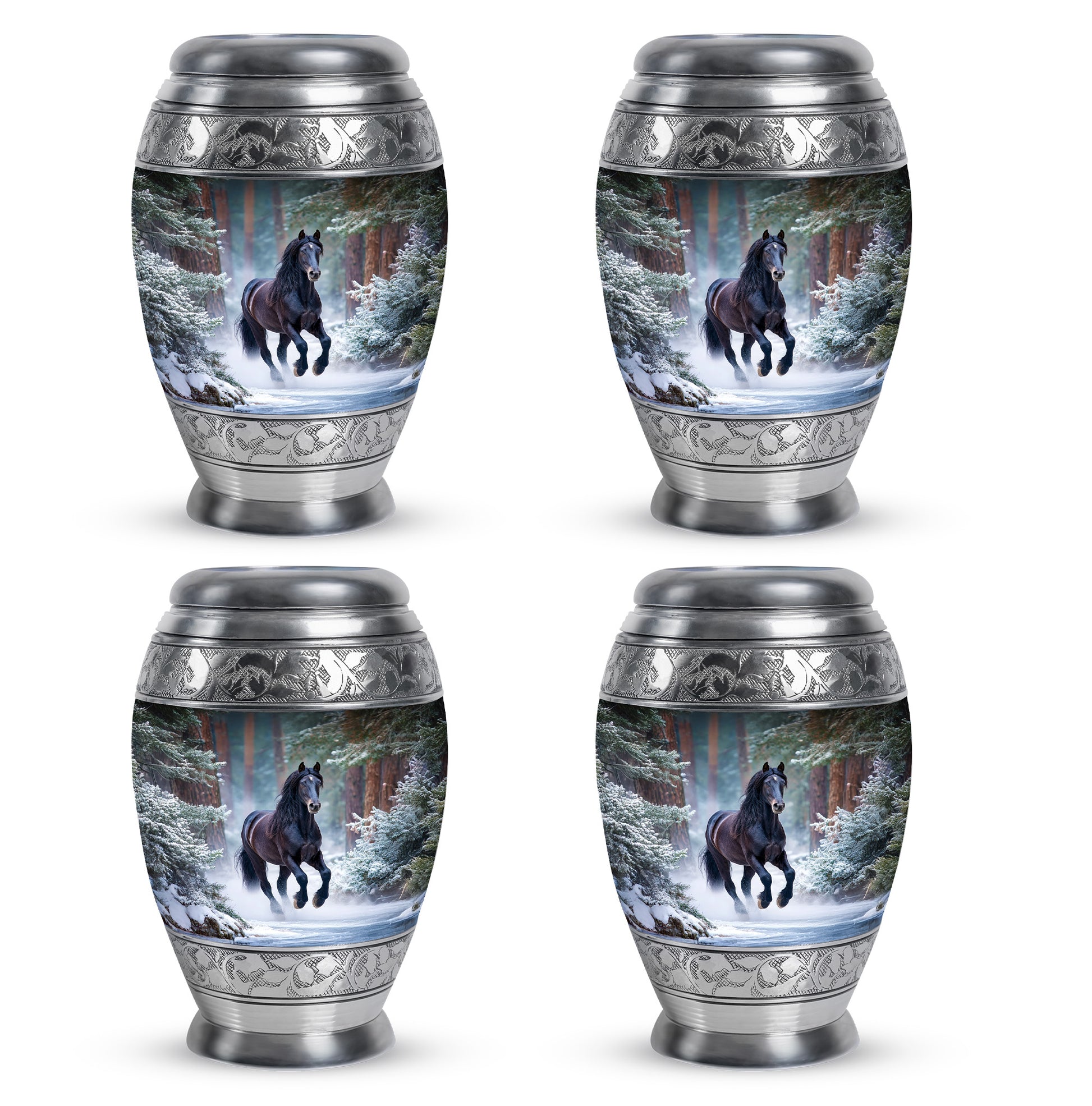 Sky Blue Horse Cremation Urn urn with complimentary velvet bag - ornate monarch-style horse relief on brushed aluminum - 10 inch aluminum urn for cremated remains