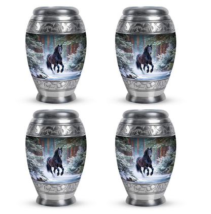 Sky Blue Horse Cremation Urn urn with complimentary velvet bag - ornate monarch-style horse relief on brushed aluminum - 10 inch aluminum urn for cremated remains