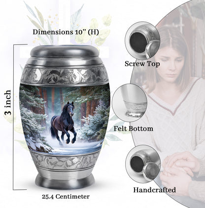 Dusty Blue Horse Cremation Urn lifestyle display on memorial shelf - regal horse design with crown-inspired accents - mini keepsake memorial for portion of cremation ashes