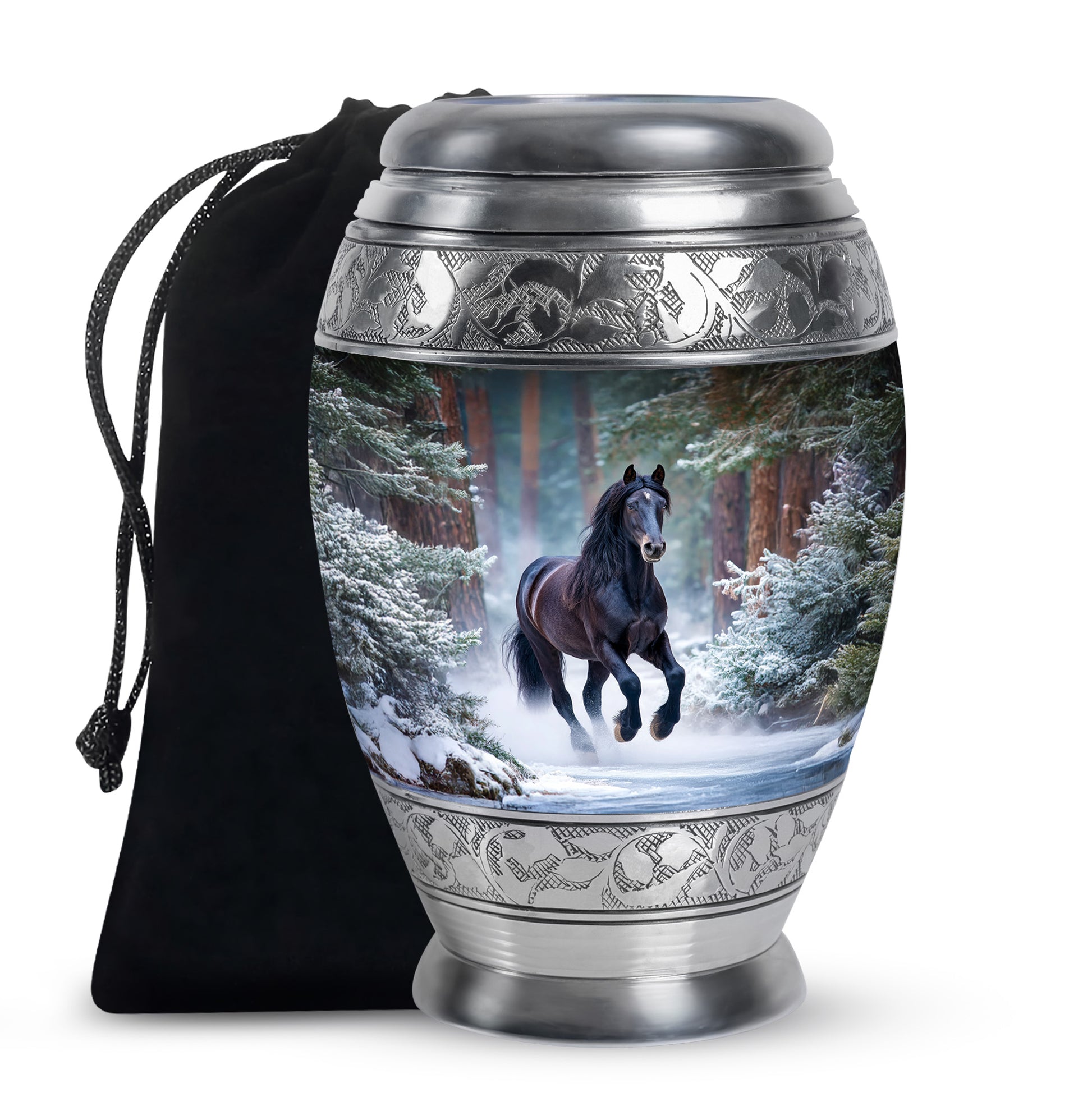 Steel Blue Horse Cremation Urn back view with polished surface - majestic horse pattern with filigree border - full-size 10 inch 200 cubic inch adult cremation urn