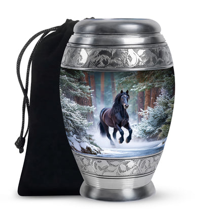 Steel Blue Horse Cremation Urn back view with polished surface - majestic horse pattern with filigree border - full-size 10 inch 200 cubic inch adult cremation urn