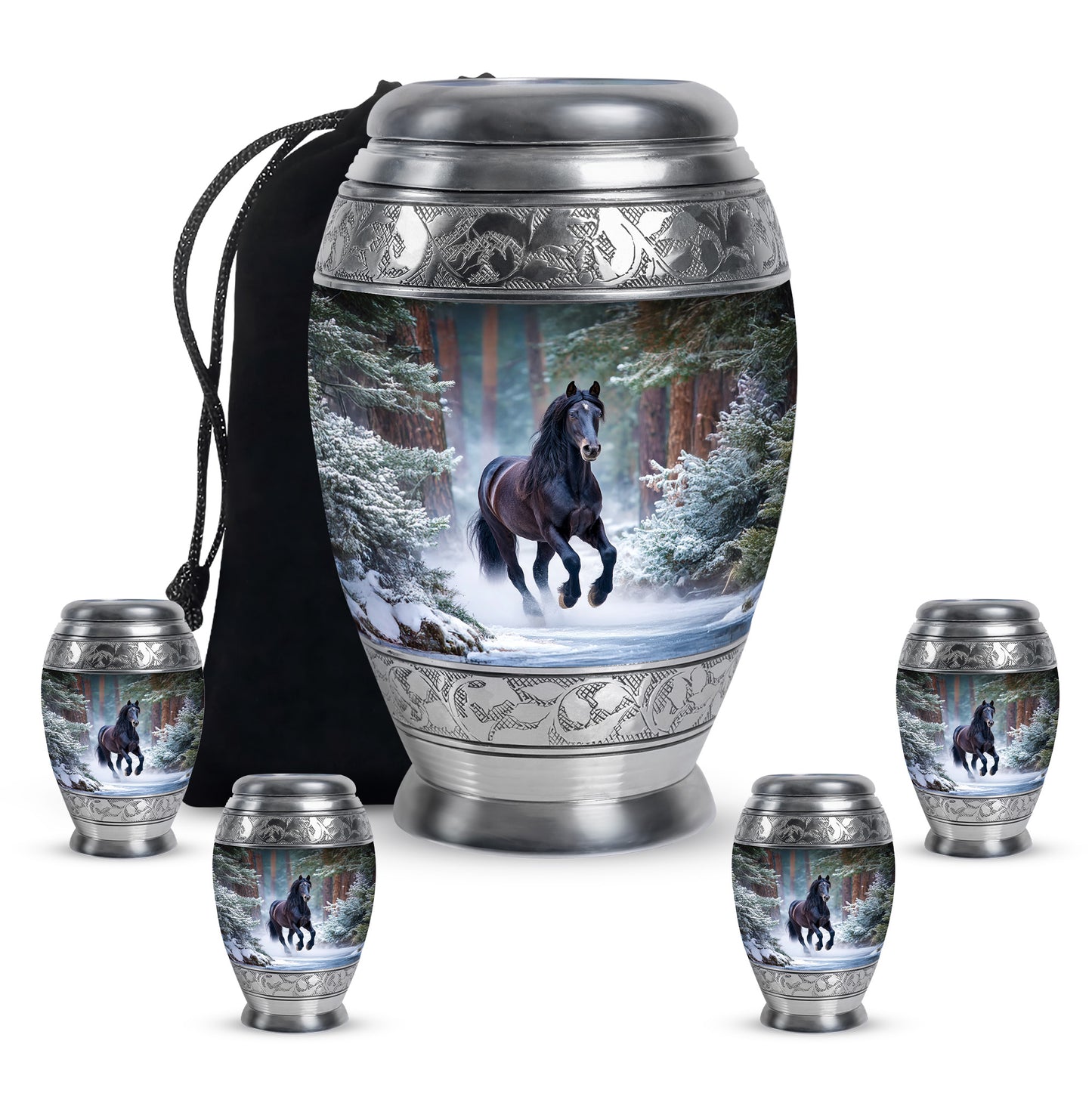 Navy Blue Horse Cremation Urn detail view - regal horse design with crown-inspired accents - memorial set with one large and four small urns
